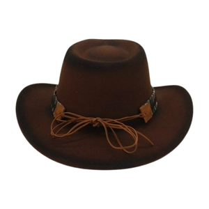 Close-up of dark brown wool cowboy hat featuring a colorful ethnic woven decorative band