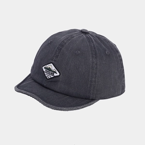 Detail view of washed dark grey soft crown baseball cap with outdoor mountain patch
