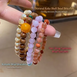 Natural Stone Beaded Bracelet With Larimar Kunzite Sunstone And Shell Beads Double Layer Elegant Jewelry For Women