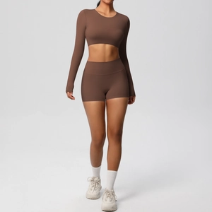 Detail of dark brown long-sleeve crop top and high-waisted yoga shorts in a brushed finish