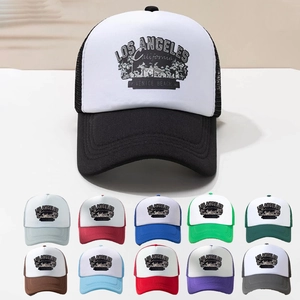 Grid view of 11 color options for LOS ANGELES mesh back trucker hats with vintage print
