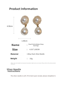 Detail view of pearl drop earrings with S925 silver needle and dimensions 4.5cm by 1.8cm