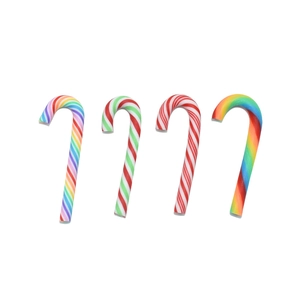 Assorted colorful miniature polymer clay candy canes for DIY Christmas crafts on white background