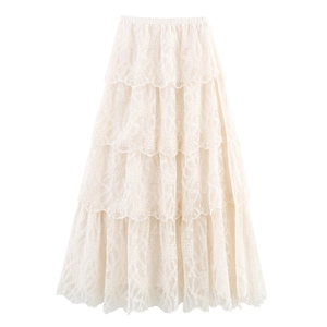 Lace Layered Cake Maxi Skirt For Women Bohemian Elegant Tiered Ruffle Design Solid Color Elastic Waist Mesh Fabric