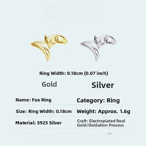 Detailed view of the S925 sterling silver fox ring showing dimensions and gold-plated finish