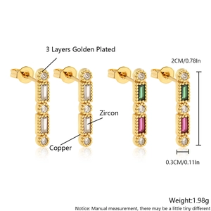 Rectangle copper stud earrings with champagne gold plating and zircon inlay for women