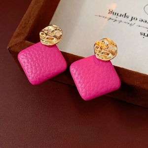 Minimalist irregular gold metal and rose pink leather square stud earrings for women
