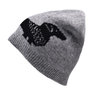 Detailed texture of grey knit beanie featuring a black woven dachshund dog silhouette