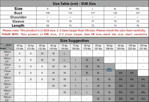 Detailed size chart for men's quarter-zip sweatshirt showing EUR measurements and weights