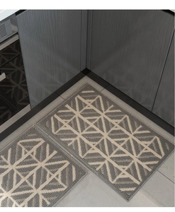 Detail of grey kitchen mats with geometric patterns on a textured anti-slip fabric