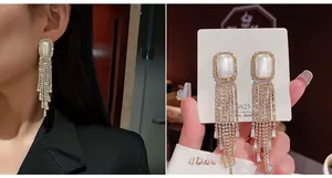 Detailed view of S925 silver needle pearl tassel earrings featuring sparkling crystal fringe