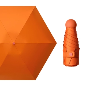 Orange compact 5-fold travel umbrella with flat handle and storage pouch shown opened and folded