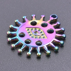 Macro detail of rainbow stainless steel sun eye pendant with vibrant iridescent finish