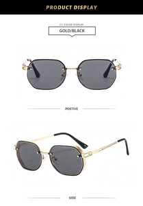 Detail view of gold hexagonal metal sunglasses with black lenses from multiple angles
