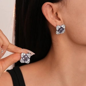 Elegant geometric square stud earrings with purple zircon and sparkling crystals