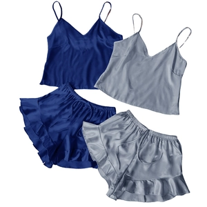 Ice silk satin pajama set for women including V-neck camisole and ruffled shorts