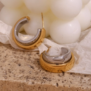 Two-tone 18K gold plated stainless steel C-shaped earrings with a double-layered hoop design