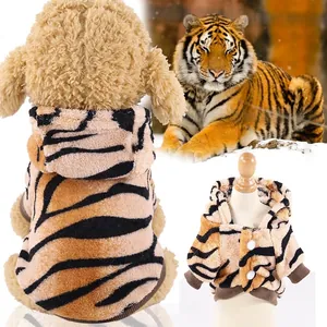 Tiger Print Pet Hoodie Flannel Thickened Costume Hooded Coat With Buttons For Dogs And Cats Winter Warm Apparel