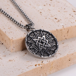Vintage stainless steel Viking triangle amulet pendant necklace with engraved knot patterns