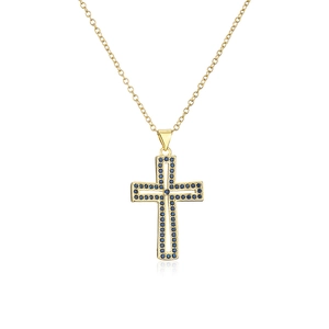 18K gold plated necklace with blue zircon hollow cross pendant on a white background