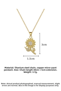 Detailed specs of sunflower zircon necklace with titanium steel chain and copper pendant