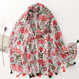 Floral Print Scarf Shawl Polyester Voile Cotton Linen Feel Thin Breathable Tassel Bohemian Style For Women