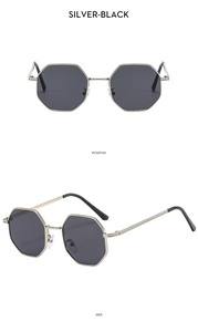 Detailed front and side views of silver metal polygonal sunglasses with black lenses