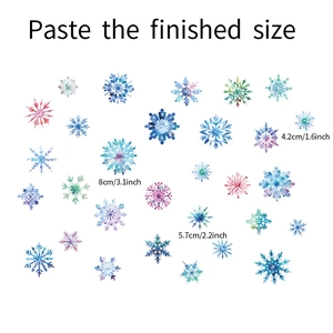 Detailed view of colorful snowflake stickers with size markings 8cm 5.7cm and 4.2cm