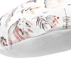 Detail of soft forest animal pattern fabric and hidden white zipper on nursing pillow cover