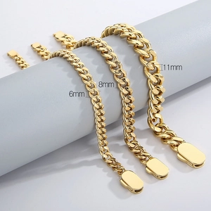 Three gold-plated Cuban link chains in 6mm, 8mm, and 11mm widths with secure flat clasps