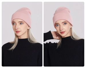 Front and side view of a pink ribbed knit beanie hat for winter outdoor warmth
