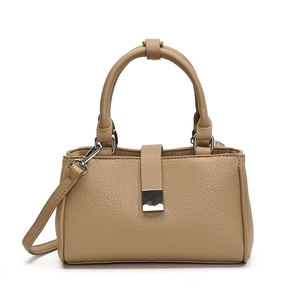 Minimalist beige lychee leather tote bag with silver square buckle and slim shoulder strap