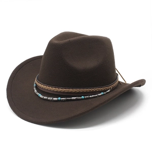 Dark coffee wool felt cowboy hat with turquoise beads and braided band on white background