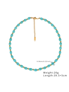Detail of turquoise beaded necklace showing dimensions, lobster clasp and S.Steel tag