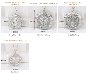 Detailed size chart for stainless steel locket necklaces including Hamsa Hand and shell designs
