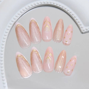 Elegant 3D cat eye tulip lace press on nails in light pink almond shape with gold accents