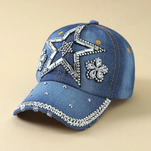 Bling Rhinestone Star Denim Baseball Cap Fashion Y2K Sparkly Flower Sun Hat For Women Men Adjustable Streetwear