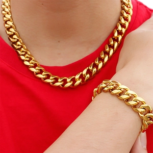 Ensemble collier et bracelet maille cubaine dorée pour homme en acier inoxydable
