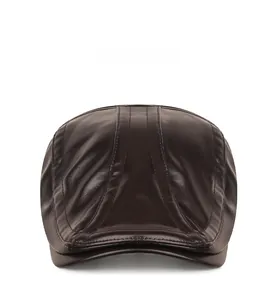 Front view of a dark brown PU leather duckbill cap with detailed stitching for men