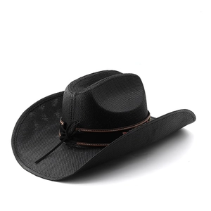 Detail of black straw cowboy hat featuring breathable mesh texture and decorative band