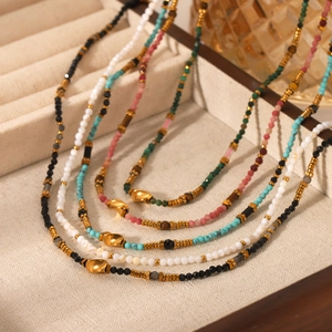 Colorful Natural Stone Beaded Necklace With Stainless Steel Pendant Niche Design Clavicle Chain Jewelry For Women