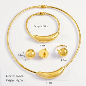 Polished gold jewelry set detailing necklace and bracelet dimensions on white background