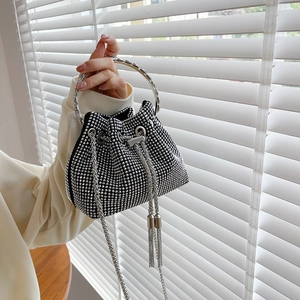 Mini black bucket bag with silver rhinestones and metal ring handle for women
