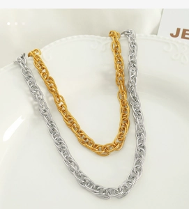 Close-up of interlocking link chain necklaces in gold and silver steel finishes