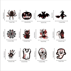 Detailed size chart for 12 Halloween silhouette decals including ghost, pumpkin and bat