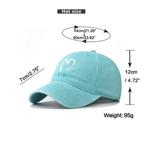 Detailed size chart for washed cotton baseball cap showing head circumference and dimensions