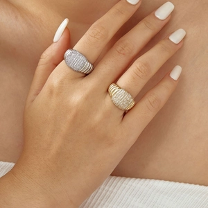 Luxurious gold and silver geometric open rings with full zircon stones and striped details