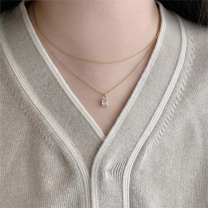 Minimalist 925 sterling silver double layer necklace with square crystal pendant