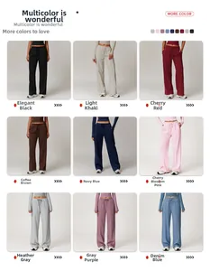 Detail view of high-waisted wide-leg sweatpants in nine different colors with drawstring