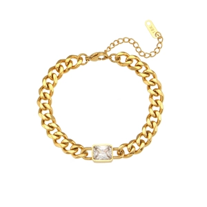 18K gold plated cuban link bracelet with square zirconia stone on white background